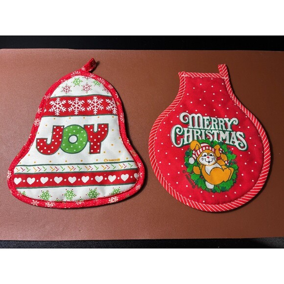 Vintage Christmas Joy Potholder & Merry Christmas Bunny Hot Pad Set Quilted - Picture 1 of 5